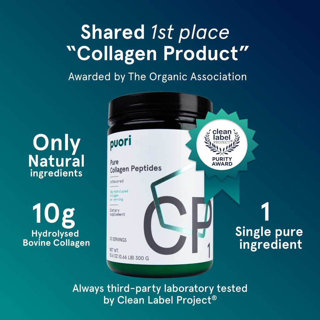 Puori Pure Collagen Peptides Powder, Unflavored - 10g of Grass-Fed Hydrolyzed Bovine Collagen Supports Skin Health, Hair & Nail Strength, Joint Pain & Mobility Support - 30 Servings - Maple Wellness Supplements