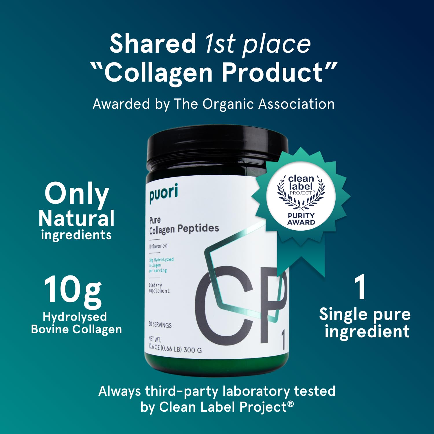 Puori Pure Collagen Peptides Powder, Unflavored - 10g of Grass-Fed Hydrolyzed Bovine Collagen Supports Skin Health, Hair & Nail Strength, Joint Pain & Mobility Support - 30 Servings - Maple Wellness Supplements