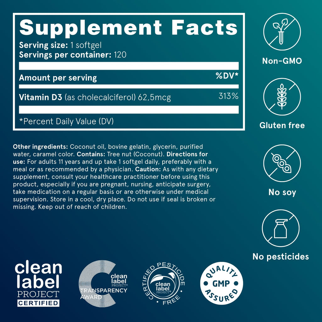 Puori Vitamin D3 Softgels, 2500 IU (62.5 mcg) - Fast Absorbing Vitamin D3 Supplements for Immune System Support, Bone Health & Density and Healthy Muscle Functions - Non-GMO & Gluten-Free - 120 Count - Maple Wellness Supplements