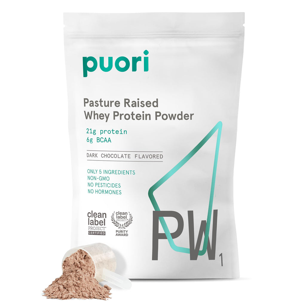 Puori Whey Protein Powder, Dark Chocolate - PW1 Pasture-Raised, Grass-Fed Whey Protein Powder Drink Mix containing BCAA Amino Acids - Post-Workout Supplement for Muscle Gain & Recovery - 30 Servings - Maple Wellness Supplements