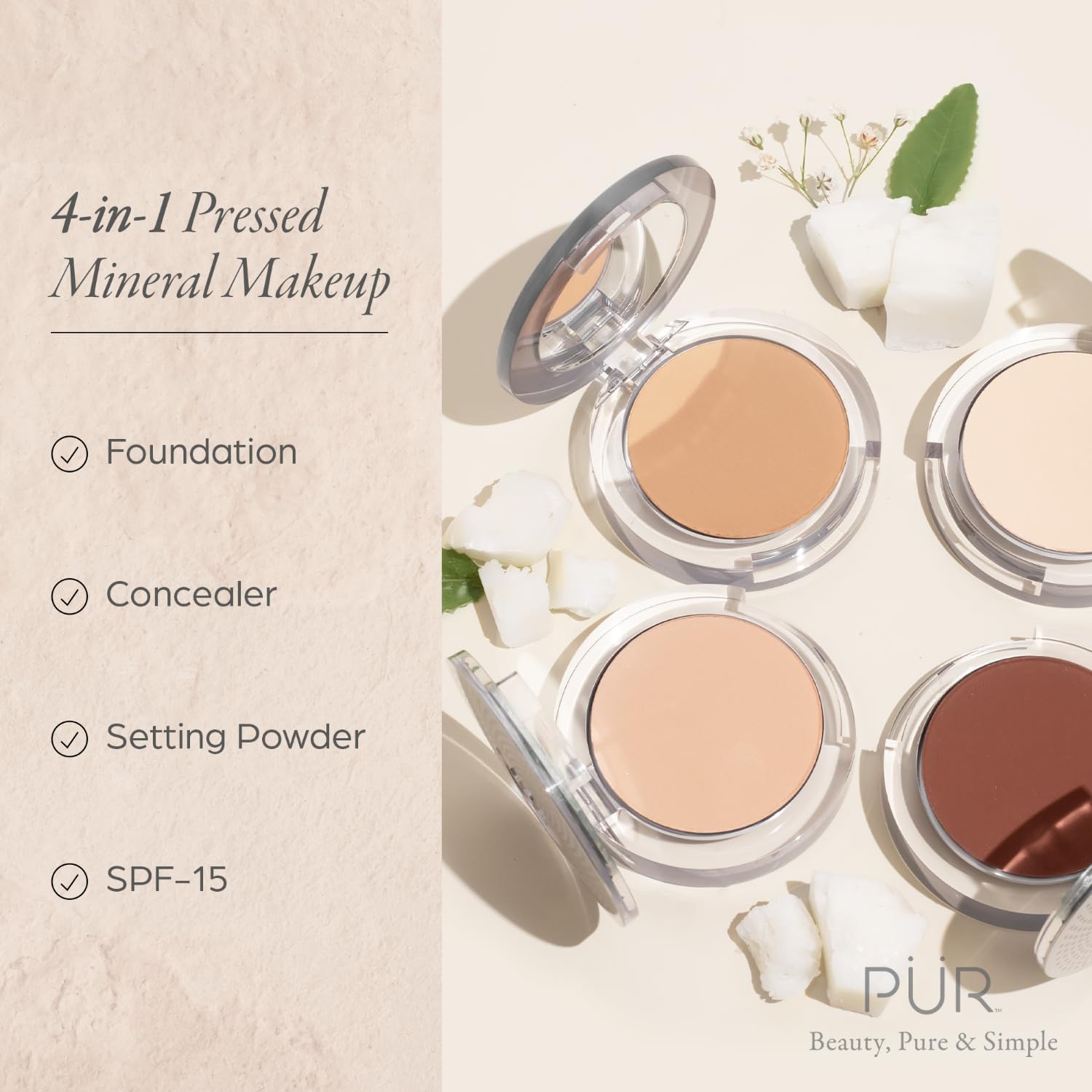 PUR Beauty 4-in-1 Pressed Mineral Makeup Powder Foundation with SPF 15 - Concealer & Finishing Compact Pressed Powder for Face - Buildable Medium to Full Coverage Foundation Powder (Blush Medium) - TrustMedUSA
