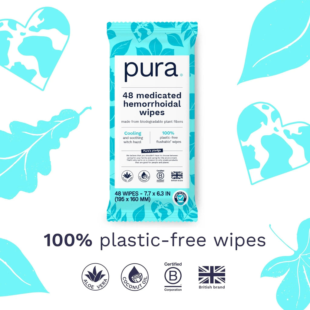 Pura Flushable Hemorrhoid Wipes XL, 48 Count, Medicated with Cooling Witch Hazel, Aloe & Coconut Oil, Fast Relief, Fragrance-Free, 100% Plastic-Free - TrustMedUSA