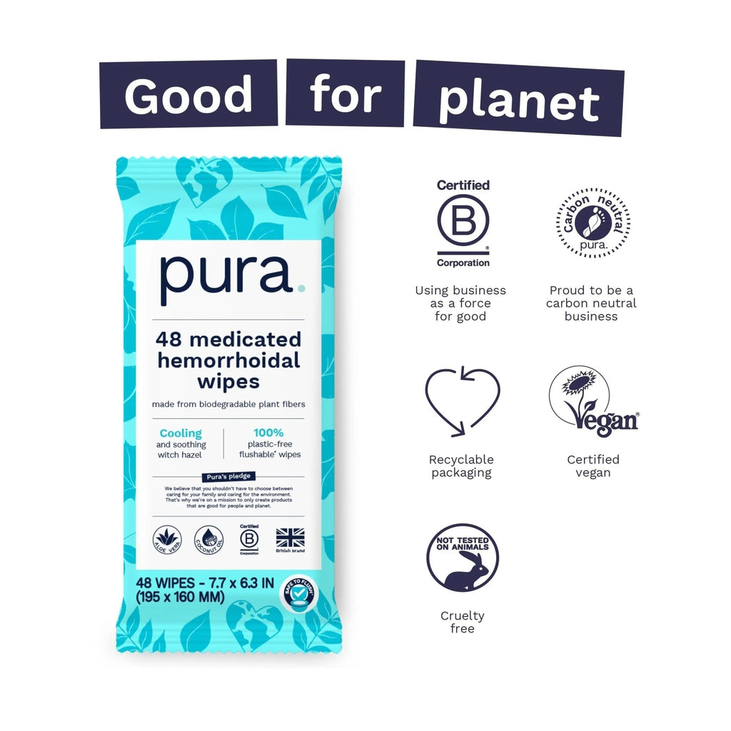 Pura Flushable Hemorrhoid Wipes XL, 48 Count, Medicated with Cooling Witch Hazel, Aloe & Coconut Oil, Fast Relief, Fragrance-Free, 100% Plastic-Free - TrustMedUSA