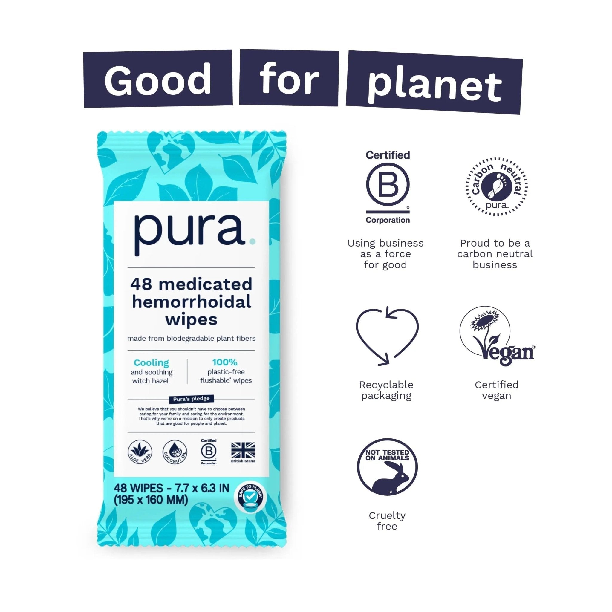 Pura Flushable Hemorrhoid Wipes XL, 48 Count, Medicated with Cooling Witch Hazel, Aloe & Coconut Oil, Fast Relief, Fragrance-Free, 100% Plastic-Free - TrustMedUSA