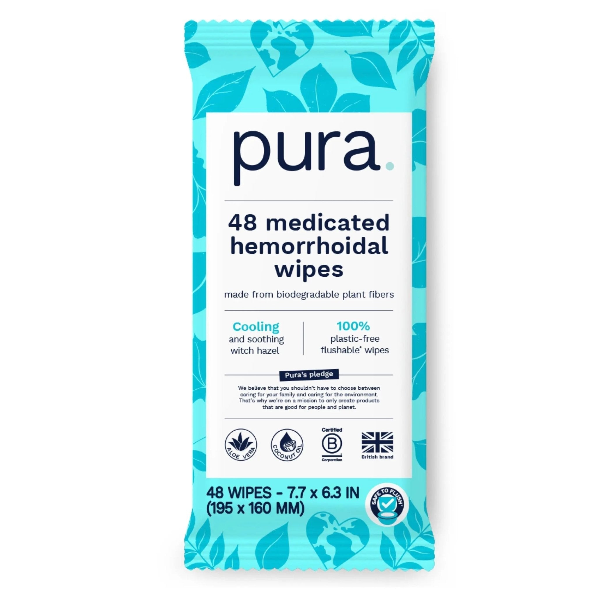 Pura Flushable Hemorrhoid Wipes XL, 48 Count, Medicated with Cooling Witch Hazel, Aloe & Coconut Oil, Fast Relief, Fragrance-Free, 100% Plastic-Free - TrustMedUSA