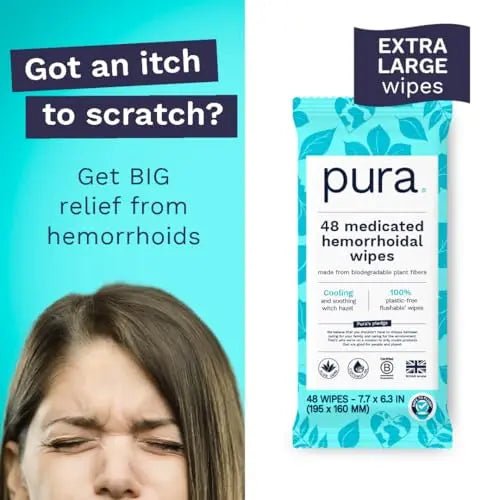 Pura Flushable Hemorrhoid Wipes XL, 48 Count, Medicated with Cooling Witch Hazel, Aloe & Coconut Oil, Fast Relief, Fragrance-Free, 100% Plastic-Free - TrustMedUSA