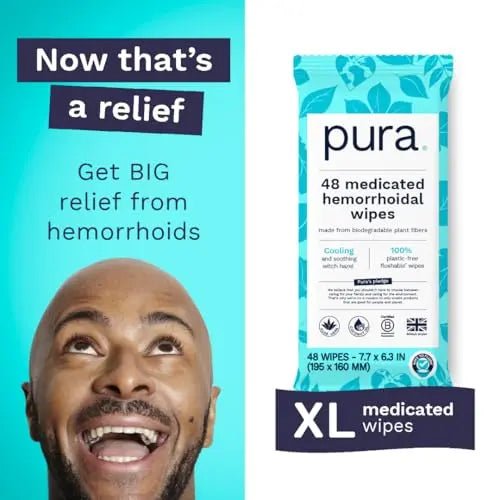 Pura Flushable Hemorrhoid Wipes XL, 48 Count, Medicated with Cooling Witch Hazel, Aloe & Coconut Oil, Fast Relief, Fragrance-Free, 100% Plastic-Free - TrustMedUSA