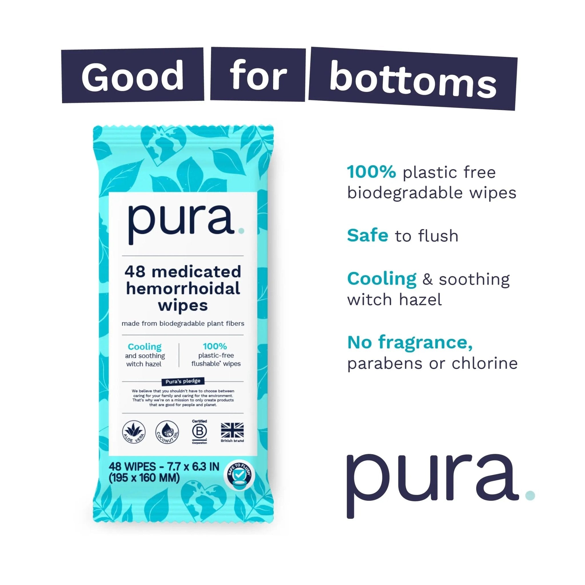 Pura Flushable Hemorrhoid Wipes XL, 48 Count, Medicated with Cooling Witch Hazel, Aloe & Coconut Oil, Fast Relief, Fragrance-Free, 100% Plastic-Free - TrustMedUSA