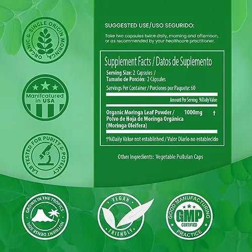 PURA VIDA Moringa Capsules Single Origin Moringa Powder Organic. Moringa Leaf - TrustMedUSA
