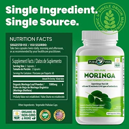PURA VIDA MORINGA Moringa Capsules Single Origin Organic Moringa Powder. Moringa - TrustMedUSA