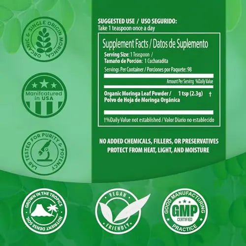 PURA VIDA MORINGA Moringa Powder Organic Single Origin - Premium 100% Leaf Powder - TrustMedUSA