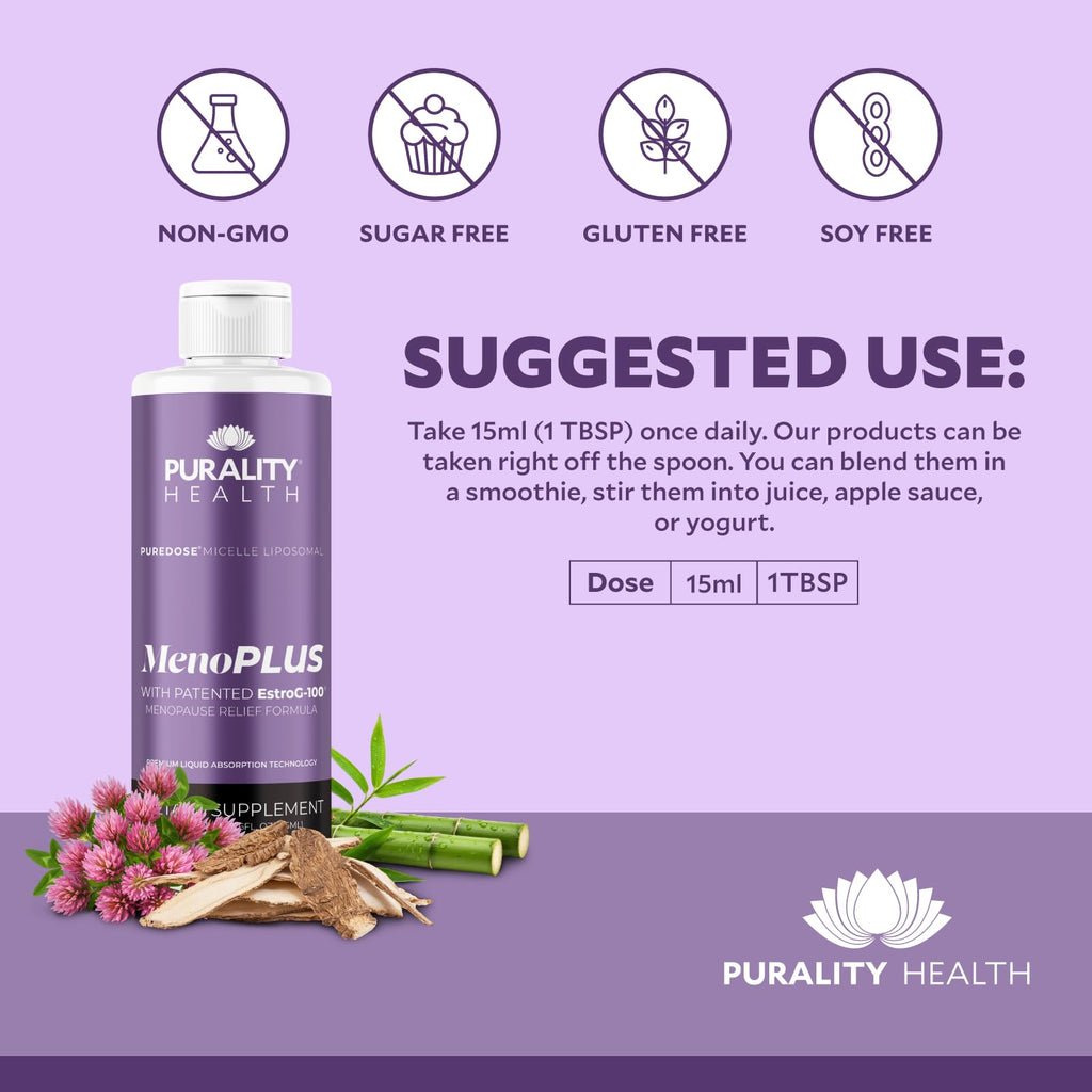 PURALITY HEALTH MenoPLUS Liposomal Menopause Supplement for Women | EstroG-100®, Vitamins D3, B6, B12 & K2 | Iodine | Hormonal Balance & Mood Support - TrustMedUSA