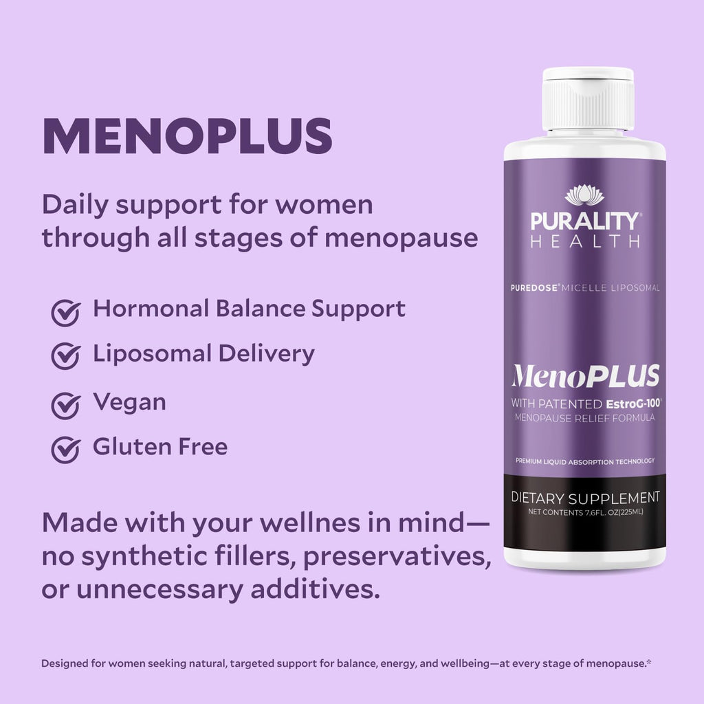 PURALITY HEALTH MenoPLUS Liposomal Menopause Supplement for Women | EstroG-100®, Vitamins D3, B6, B12 & K2 | Iodine | Hormonal Balance & Mood Support - TrustMedUSA