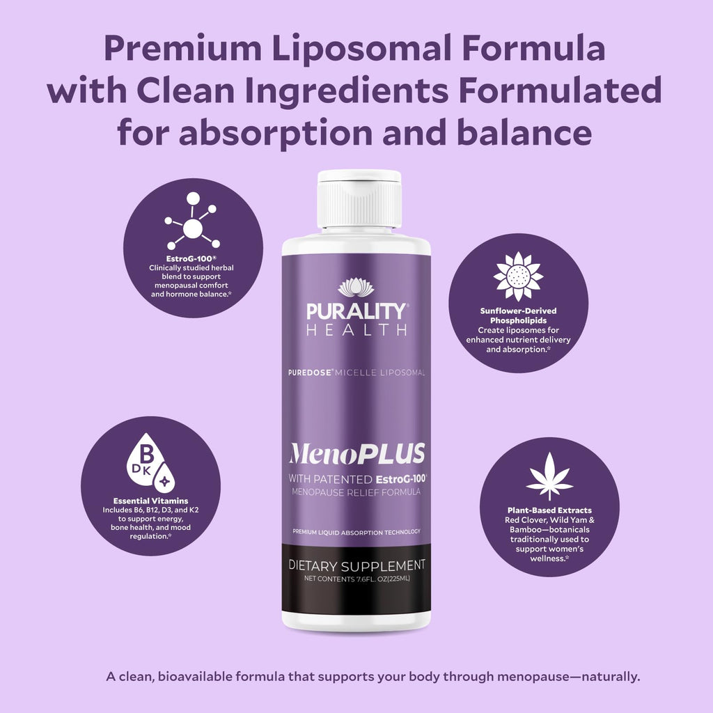 PURALITY HEALTH MenoPLUS Liposomal Menopause Supplement for Women | EstroG-100®, Vitamins D3, B6, B12 & K2 | Iodine | Hormonal Balance & Mood Support - TrustMedUSA