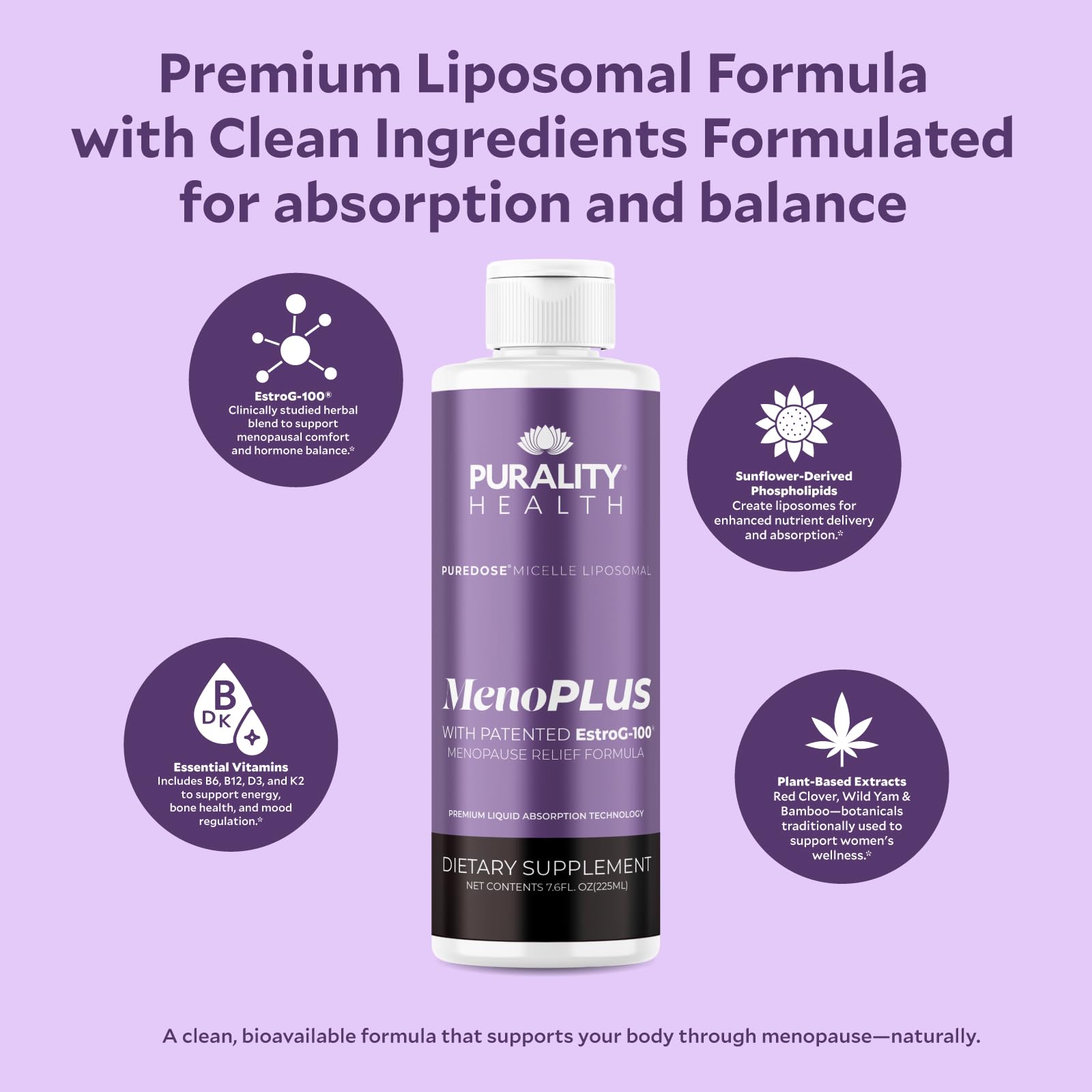 PURALITY HEALTH MenoPLUS Liposomal Menopause Supplement for Women | EstroG-100®, Vitamins D3, B6, B12 & K2 | Iodine | Hormonal Balance & Mood Support - TrustMedUSA