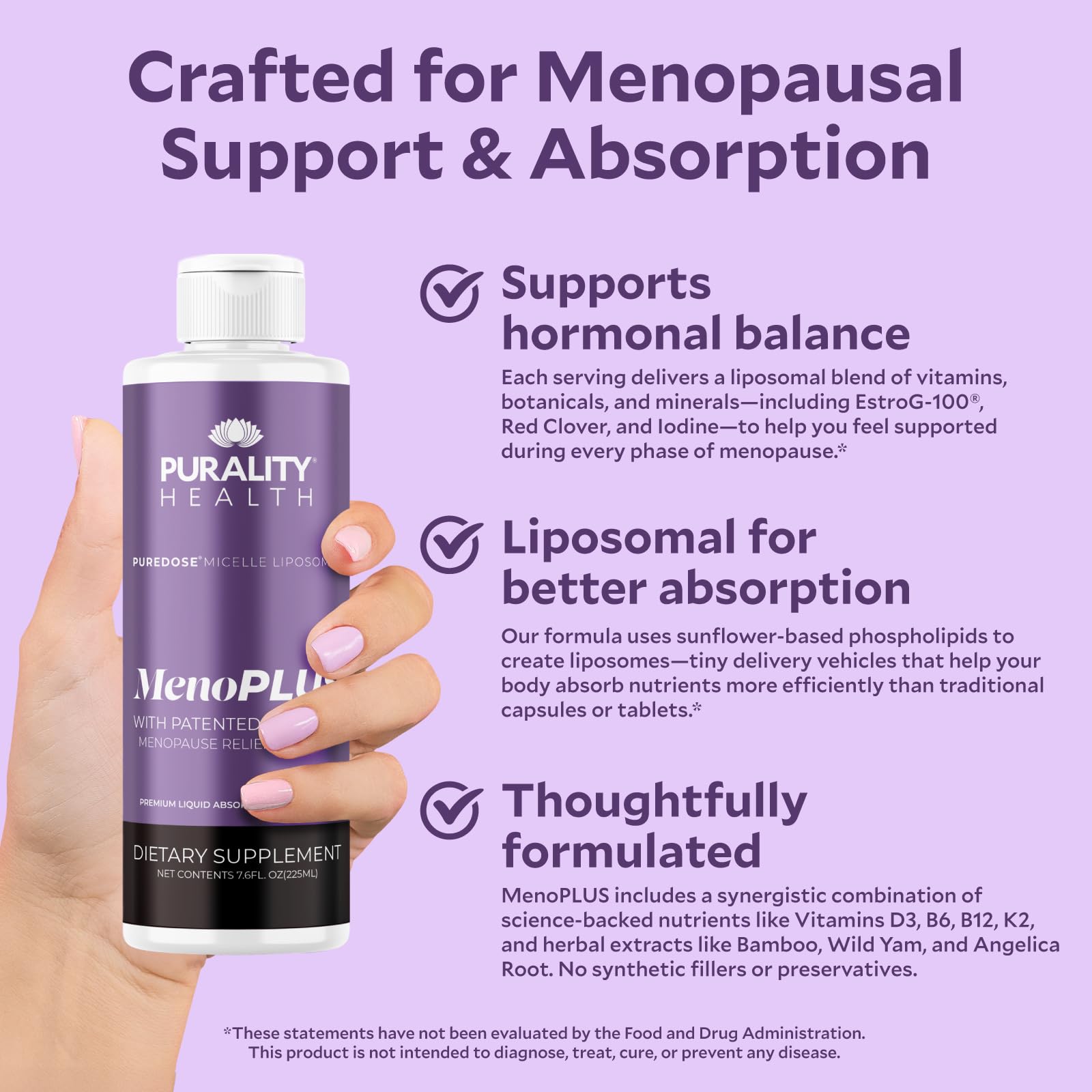 PURALITY HEALTH MenoPLUS Liposomal Menopause Supplement for Women | EstroG-100®, Vitamins D3, B6, B12 & K2 | Iodine | Hormonal Balance & Mood Support - TrustMedUSA