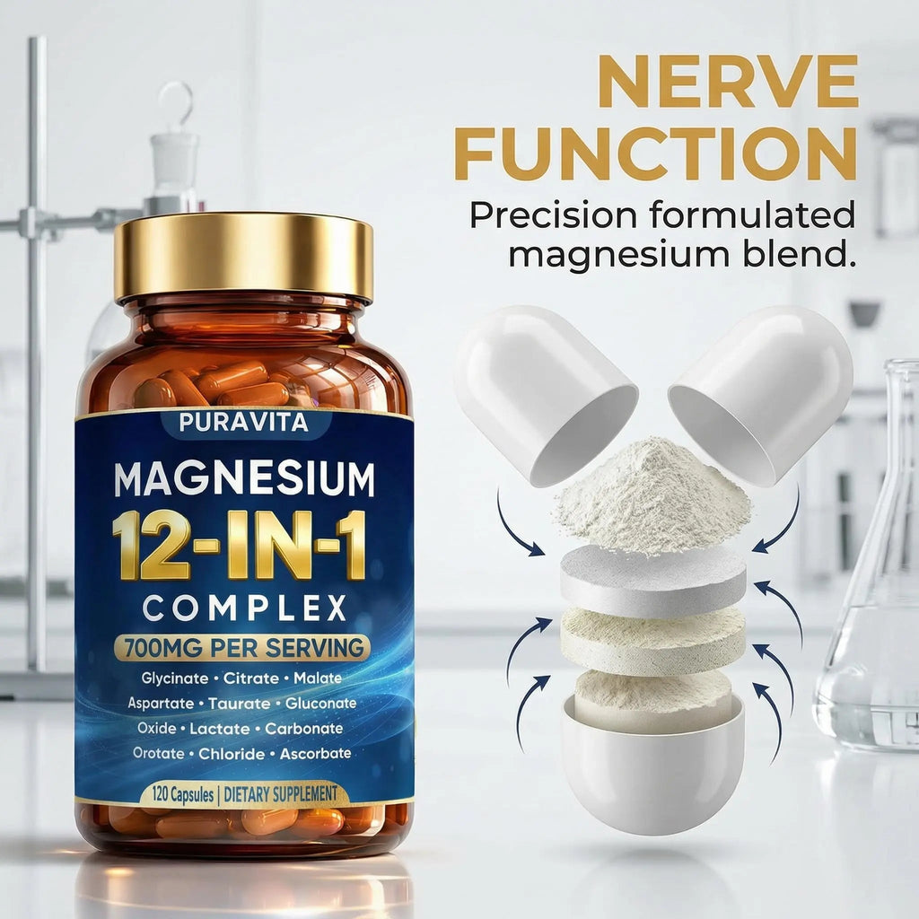 Puravita 12 in 1 Magnesium Complex Capsules - 700mg High Absorption Blend with Glycinate, Citrate, Malate, Oxide & Taurate. Supports Muscle Function, Nerve Health & Relaxation - 120 Capsules (1) - TrustMedUSA