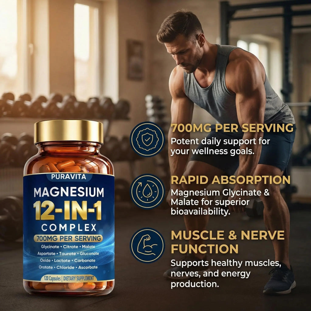 Puravita 12 in 1 Magnesium Complex Capsules - 700mg High Absorption Blend with Glycinate, Citrate, Malate, Oxide & Taurate. Supports Muscle Function, Nerve Health & Relaxation - 120 Capsules (1) - TrustMedUSA