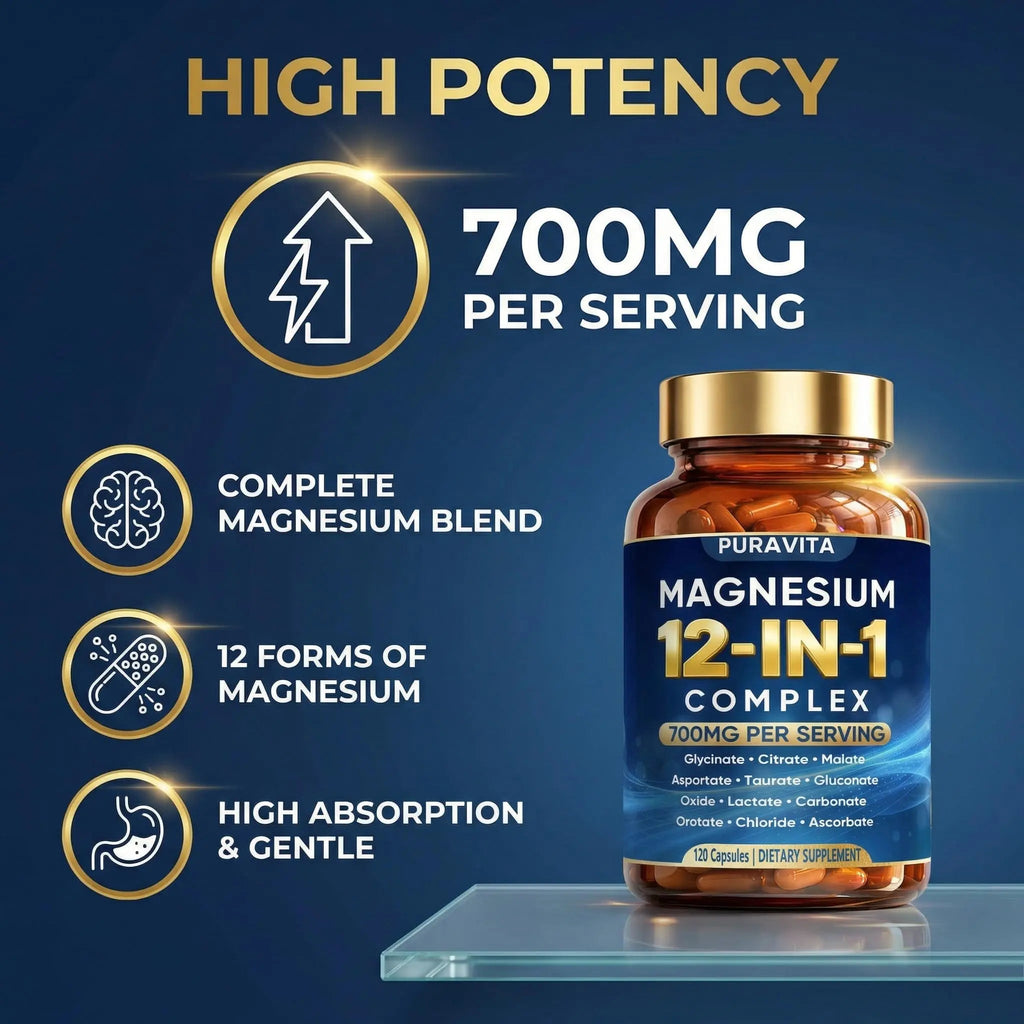 Puravita 12 in 1 Magnesium Complex Capsules - 700mg High Absorption Blend with Glycinate, Citrate, Malate, Oxide & Taurate. Supports Muscle Function, Nerve Health & Relaxation - 120 Capsules (1) - TrustMedUSA