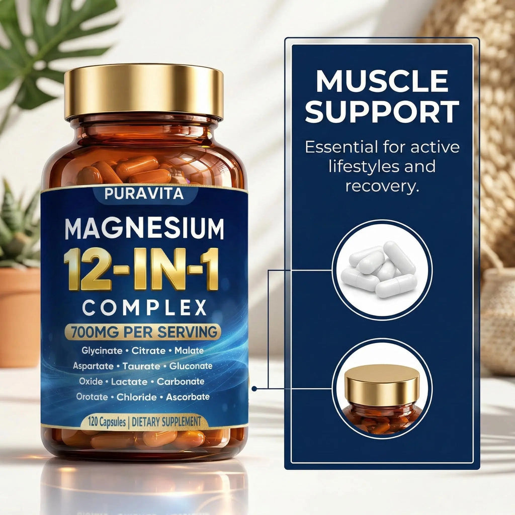 Puravita 12 in 1 Magnesium Complex Capsules - 700mg High Absorption Blend with Glycinate, Citrate, Malate, Oxide & Taurate. Supports Muscle Function, Nerve Health & Relaxation - 120 Capsules (1) - TrustMedUSA