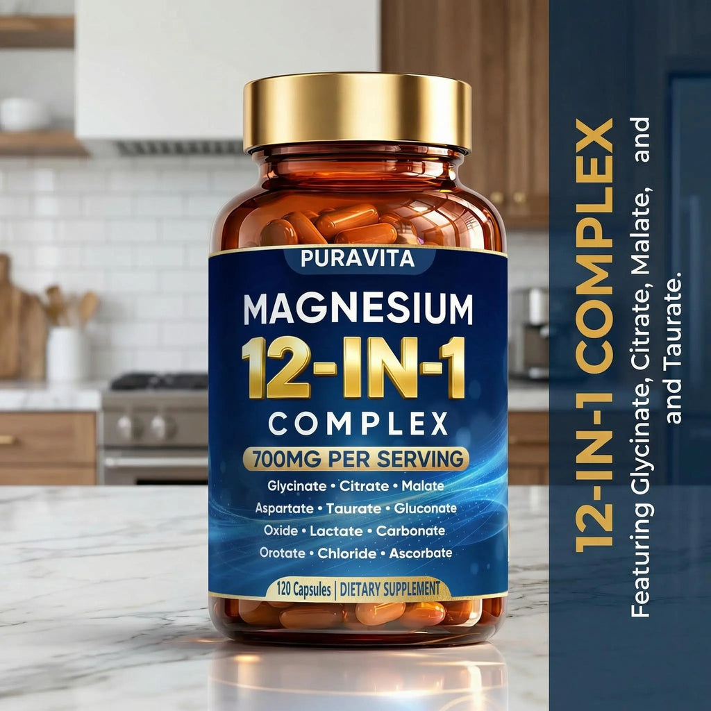 Puravita 12 in 1 Magnesium Complex Capsules - 700mg High Absorption Blend with Glycinate, Citrate, Malate, Oxide & Taurate. Supports Muscle Function, Nerve Health & Relaxation - 120 Capsules (1) - TrustMedUSA