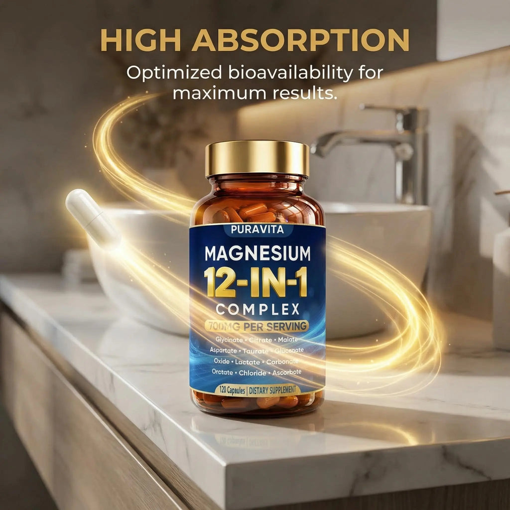 Puravita 12 in 1 Magnesium Complex Capsules - 700mg High Absorption Blend with Glycinate, Citrate, Malate, Oxide & Taurate. Supports Muscle Function, Nerve Health & Relaxation - 120 Capsules (1) - TrustMedUSA