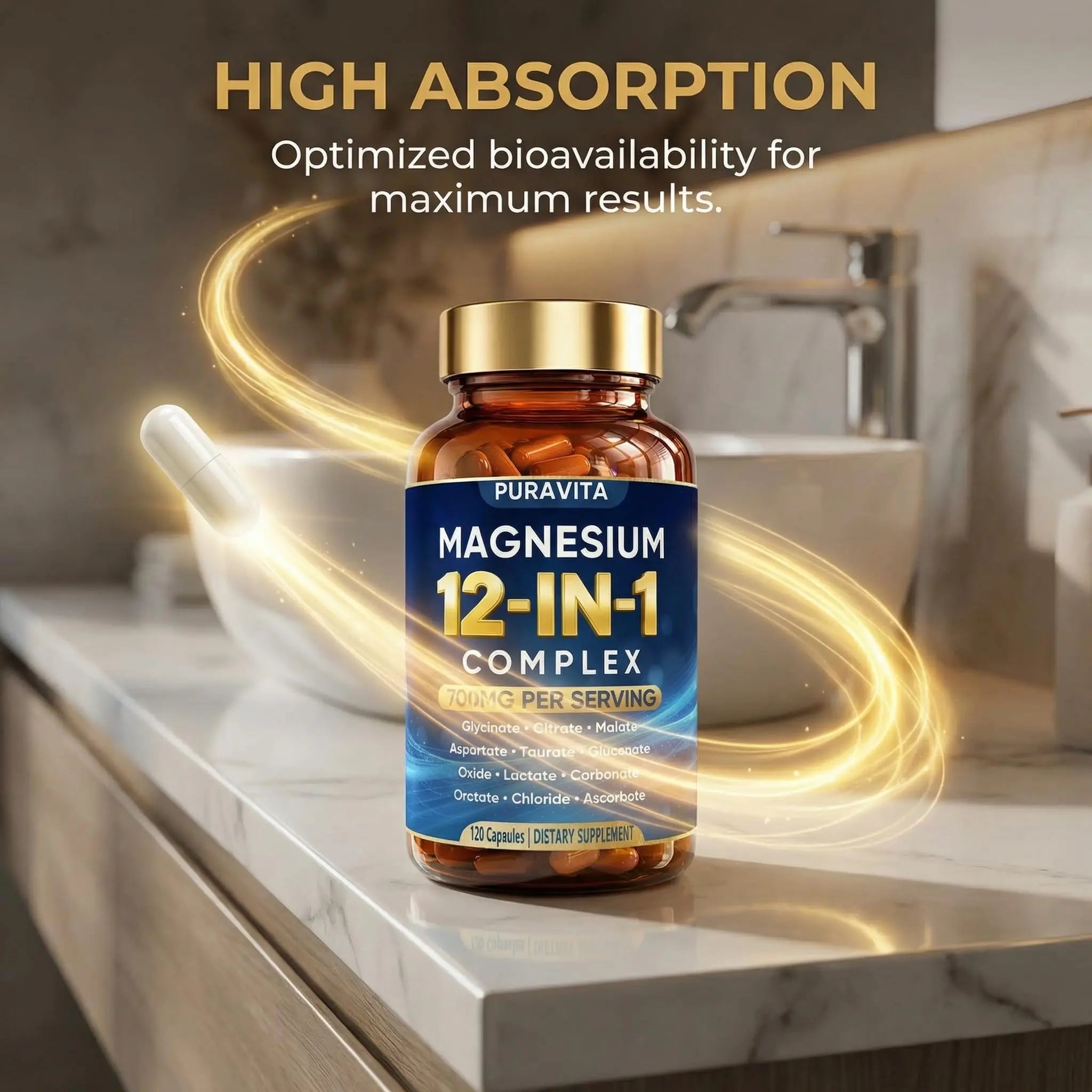 Puravita 12 in 1 Magnesium Complex Capsules - 700mg High Absorption Blend with Glycinate, Citrate, Malate, Oxide & Taurate. Supports Muscle Function, Nerve Health & Relaxation - 120 Capsules (1) - TrustMedUSA