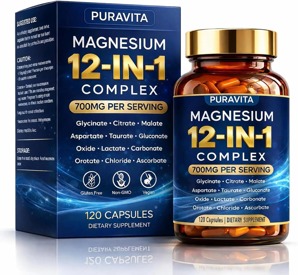 Puravita 12 in 1 Magnesium Complex Capsules - 700mg High Absorption Blend with Glycinate, Citrate, Malate, Oxide & Taurate. Supports Muscle Function, Nerve Health & Relaxation - 120 Capsules (1) - TrustMedUSA