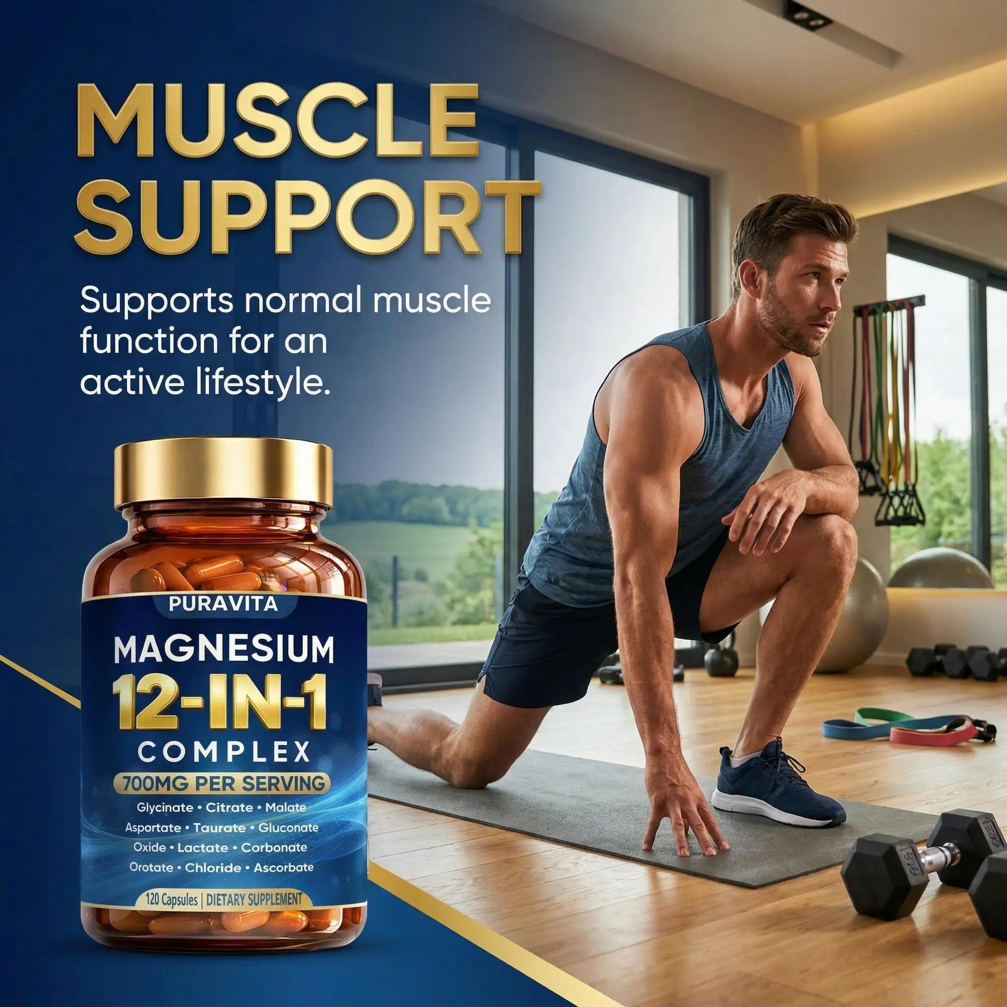 Puravita 12 in 1 Magnesium Complex Capsules - 700mg High Absorption Blend with Glycinate, Citrate, Malate, Oxide & Taurate. Supports Muscle Function, Nerve Health & Relaxation - 120 Capsules (1) - TrustMedUSA
