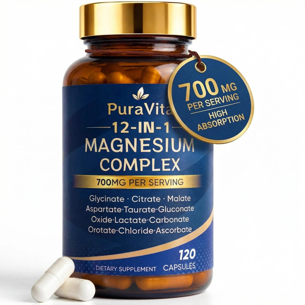 Puravita 12 in 1 Magnesium, Magnesium Complex for Women Men, 700mg High Absorption, Glycinate, Citrate, Malate, Oxide, Taurat, Relaxation & Energy Support, Vegan 120 Capsules (A) - TrustMedUSA
