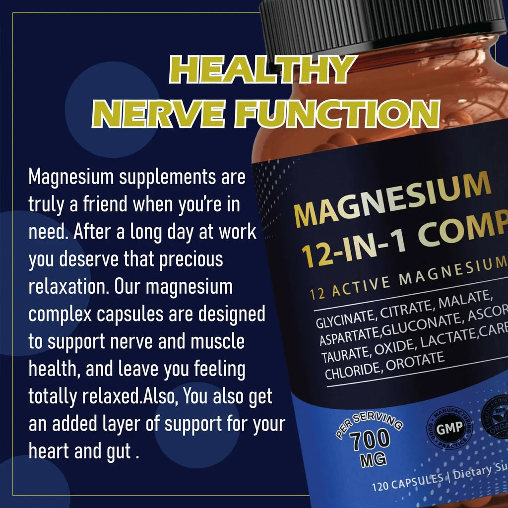 Puravita Magnesium Complex 700mg 12 in 1 Magnesium Supplement with Glycinate, Citrate, Malate & More | Easy Absorption, Energy Support, Vegan & Non-GMO | 120 Capsules (1pc) - TrustMedUSA