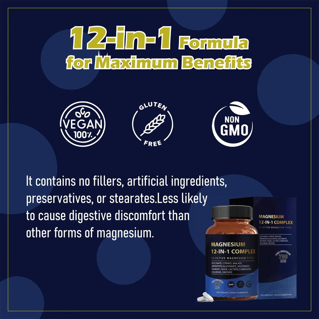 Puravita Magnesium Complex 700mg 12 in 1 Magnesium Supplement with Glycinate, Citrate, Malate & More | Easy Absorption, Energy Support, Vegan & Non-GMO | 120 Capsules (1pc) - TrustMedUSA