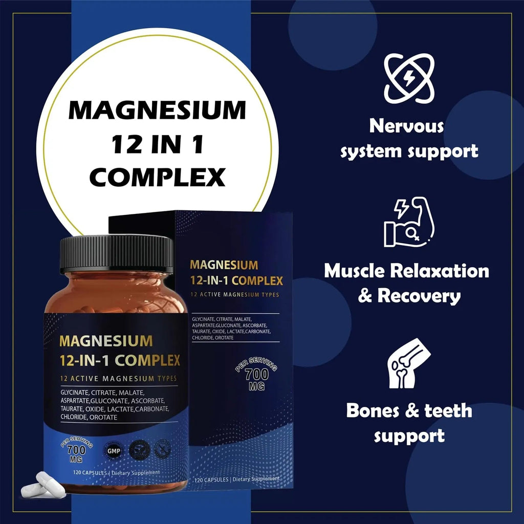 Puravita Magnesium Complex 700mg 12 in 1 Magnesium Supplement with Glycinate, Citrate, Malate & More | Easy Absorption, Energy Support, Vegan & Non-GMO | 120 Capsules (1pc) - TrustMedUSA