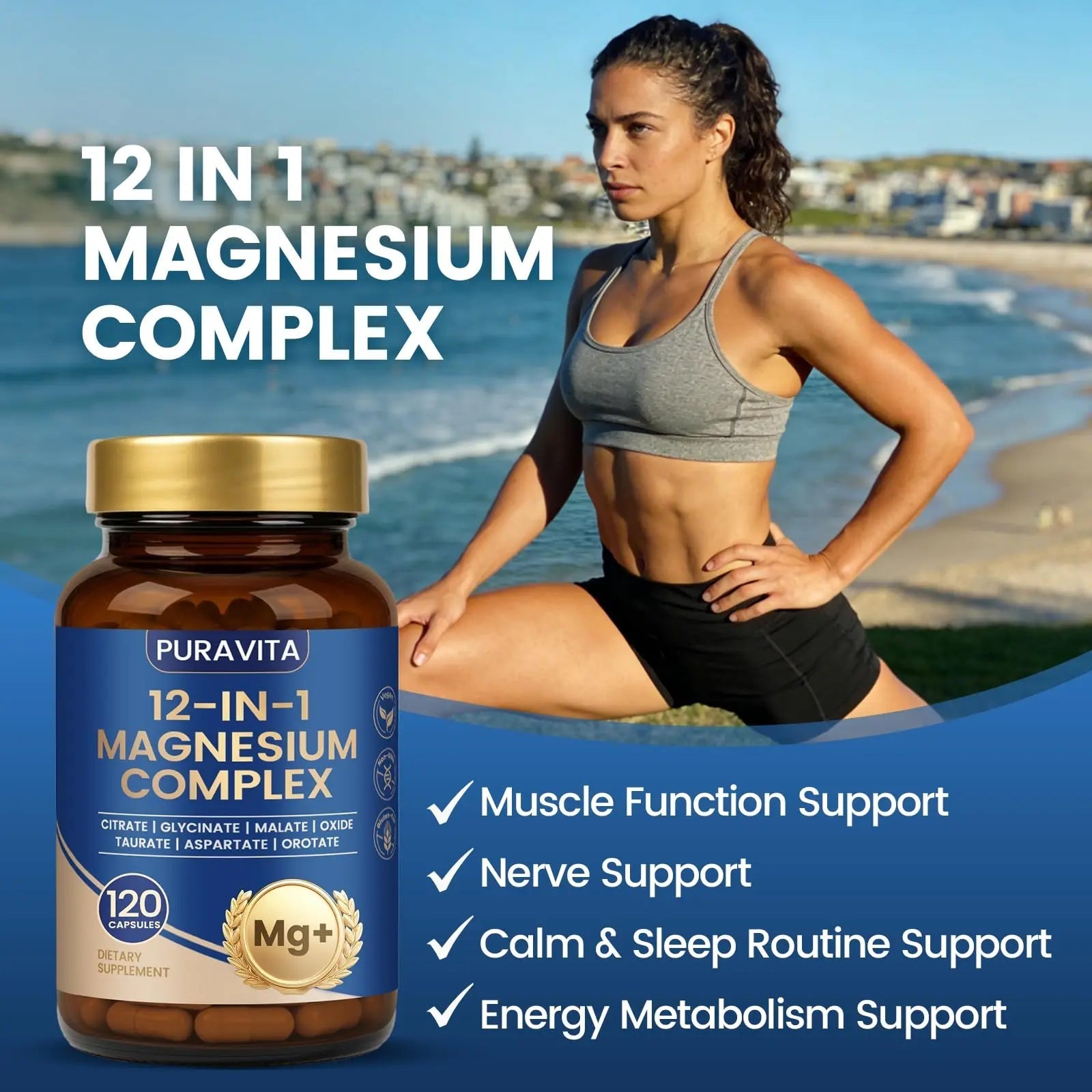 Puravita Magnesium Complex - Puravita 12 in 1 Magnesium Supplement with Glycinate, Citrate, Malate, Oxide, Taurat & More for Muscle, Nerve & Sleep Support, 120 Count - TrustMedUSA