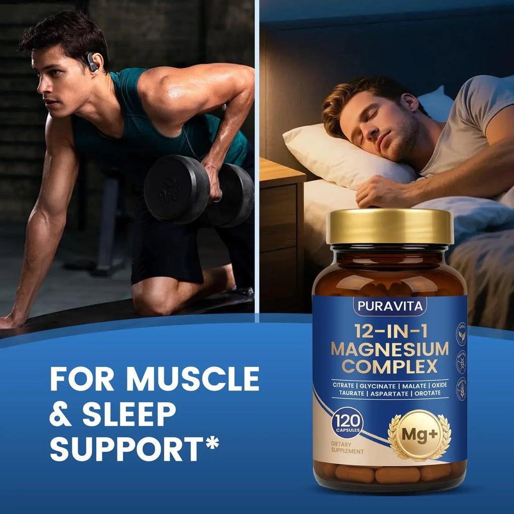 Puravita Magnesium Complex - Puravita 12 in 1 Magnesium Supplement with Glycinate, Citrate, Malate, Oxide, Taurat & More for Muscle, Nerve & Sleep Support, 120 Count - TrustMedUSA