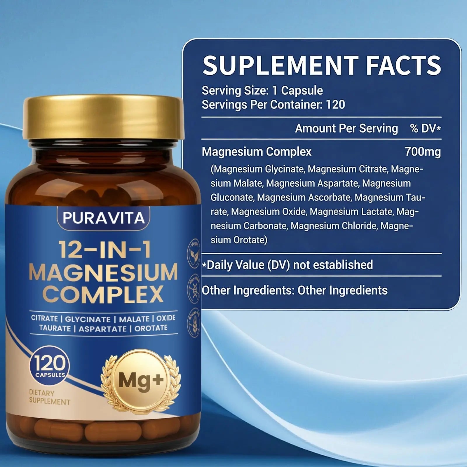 Puravita Magnesium Complex - Puravita 12 in 1 Magnesium Supplement with Glycinate, Citrate, Malate, Oxide, Taurat & More for Muscle, Nerve & Sleep Support, 120 Count - TrustMedUSA