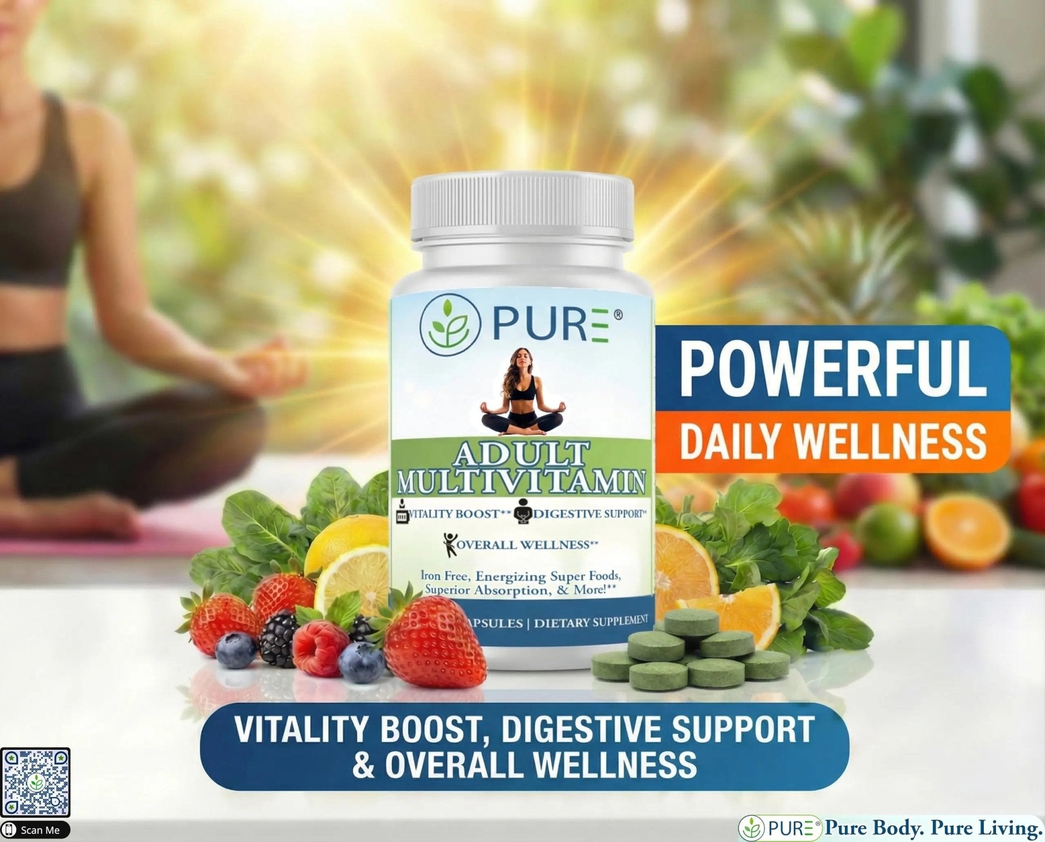 PURE Adult Multivitamin with Vitamins A, C, D3, B12, Minerals, Digestive Enzymes, 90 Capsules, 30 Servings - TrustMedUSA