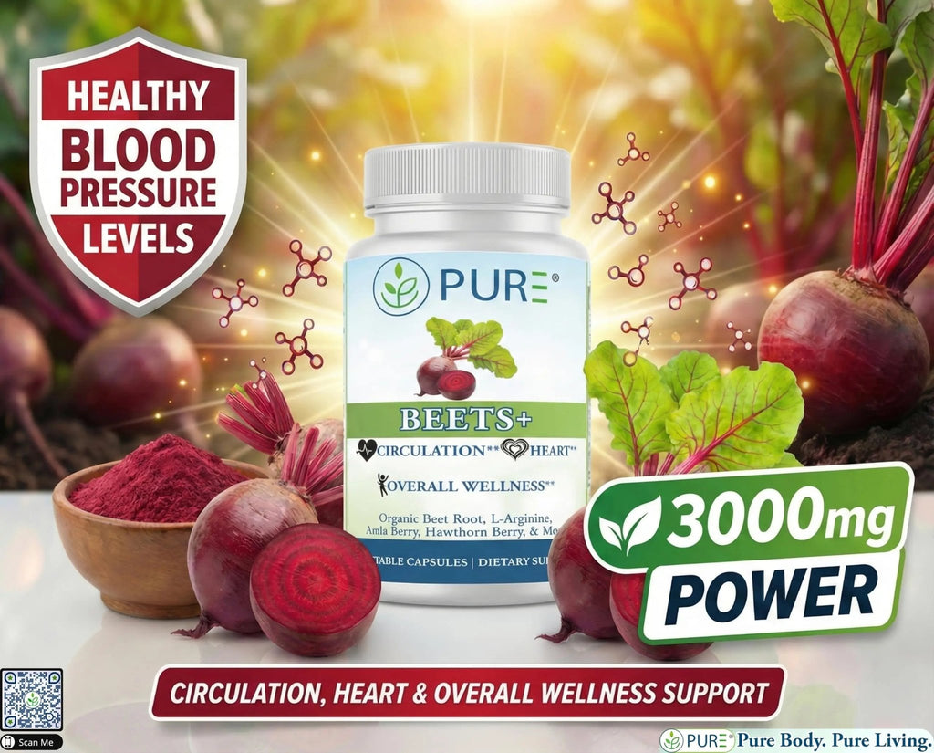 PURE® Beets+ Organic Beet Root Capsules - 900mg - 90 Count, 30 Servings - Blood Pressure & Circulation Support Supplement - with L-Arginine, Hawthorn Berry & B12 - Cardiovascular Health - Made in USA - TrustMedUSA