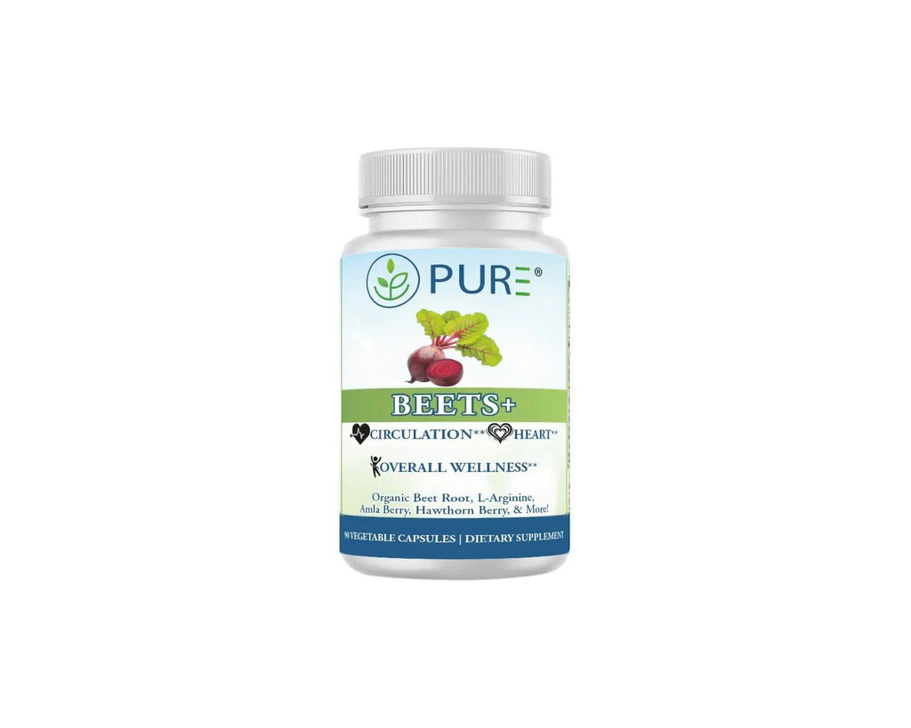 PURE® Beets+ Organic Beet Root Capsules - 900mg - 90 Count, 30 Servings - Blood Pressure & Circulation Support Supplement - with L-Arginine, Hawthorn Berry & B12 - Cardiovascular Health - Made in USA - TrustMedUSA