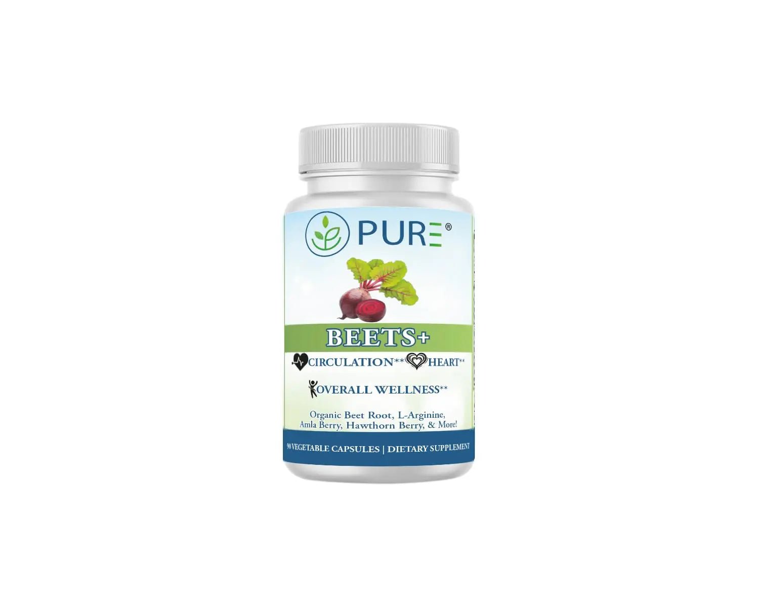 PURE® Beets+ Organic Beet Root Capsules - 900mg - 90 Count, 30 Servings - Blood Pressure & Circulation Support Supplement - with L-Arginine, Hawthorn Berry & B12 - Cardiovascular Health - Made in USA - TrustMedUSA