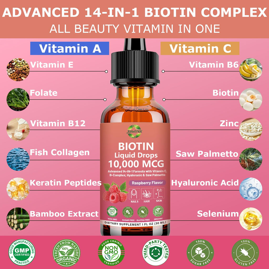 Pure Biotin 10000mcg Liquid Drop Optimal Solutions Hair Skin & Nails Vitamins Support w. Collagen Keratin Hyaluronic Acid Saw Palmetto, Biotin(Vitamin B7) for Hair Growth & Cellular Energy - TrustMedUSA