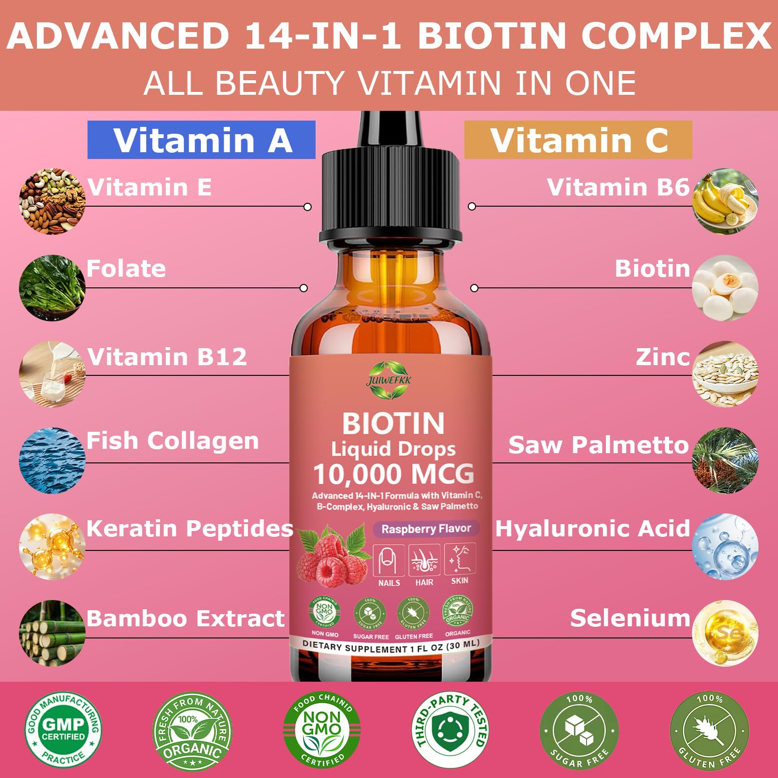 Pure Biotin 10000mcg Liquid Drop Optimal Solutions Hair Skin & Nails Vitamins Support w. Collagen Keratin Hyaluronic Acid Saw Palmetto, Biotin(Vitamin B7) for Hair Growth & Cellular Energy - TrustMedUSA