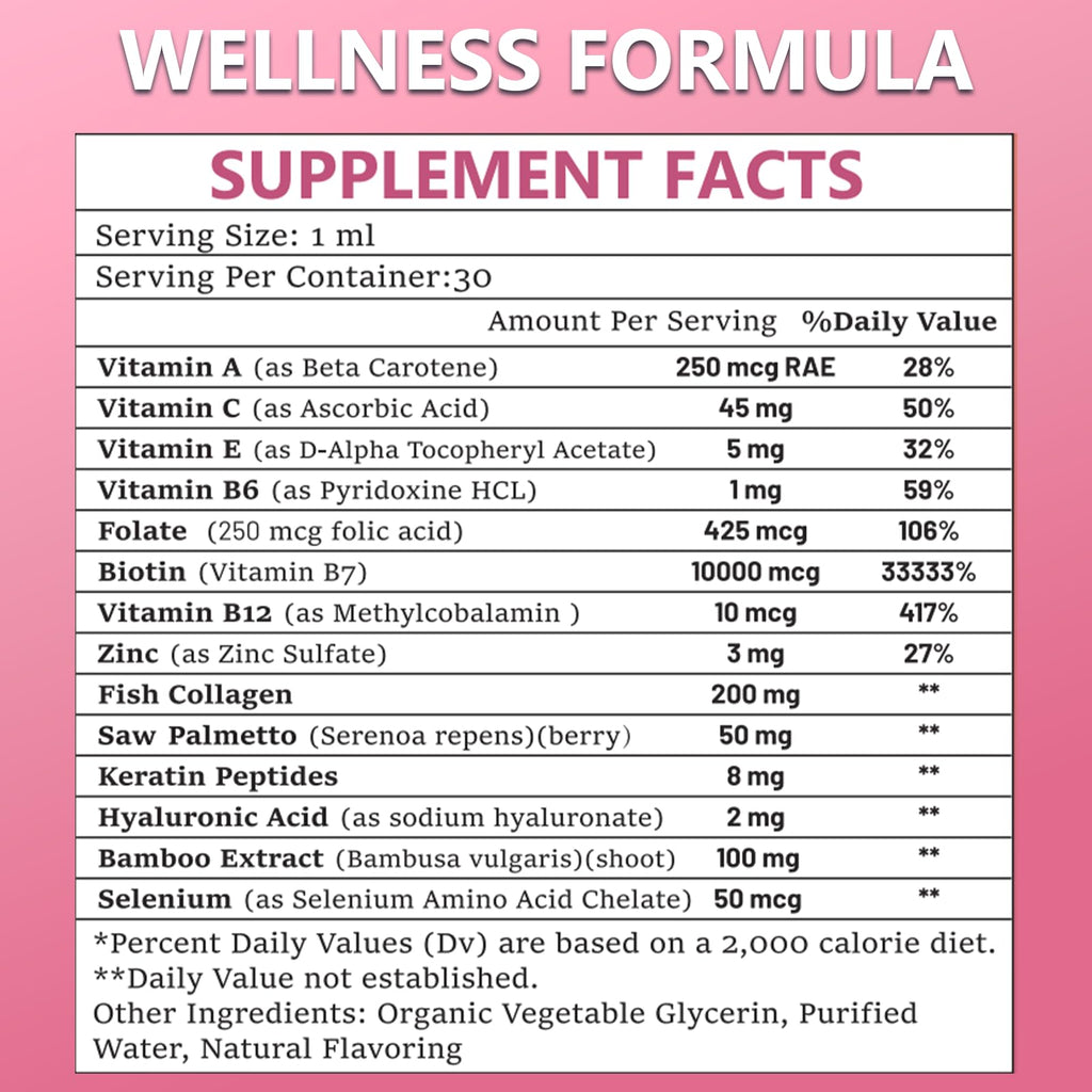 Pure Biotin 10000mcg Liquid Drop Optimal Solutions Hair Skin & Nails Vitamins Support w. Collagen Keratin Hyaluronic Acid Saw Palmetto, Biotin(Vitamin B7) for Hair Growth & Cellular Energy - TrustMedUSA