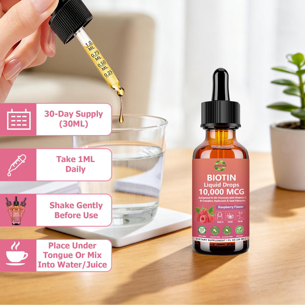 Pure Biotin 10000mcg Liquid Drop Optimal Solutions Hair Skin & Nails Vitamins Support w. Collagen Keratin Hyaluronic Acid Saw Palmetto, Biotin(Vitamin B7) for Hair Growth & Cellular Energy - TrustMedUSA