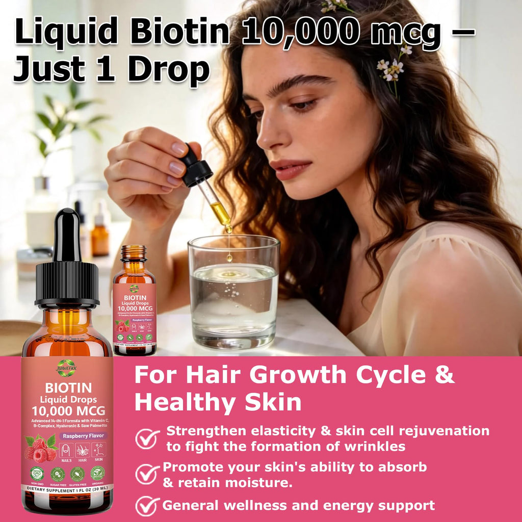 Pure Biotin 10000mcg Liquid Drop Optimal Solutions Hair Skin & Nails Vitamins Support w. Collagen Keratin Hyaluronic Acid Saw Palmetto, Biotin(Vitamin B7) for Hair Growth & Cellular Energy - TrustMedUSA