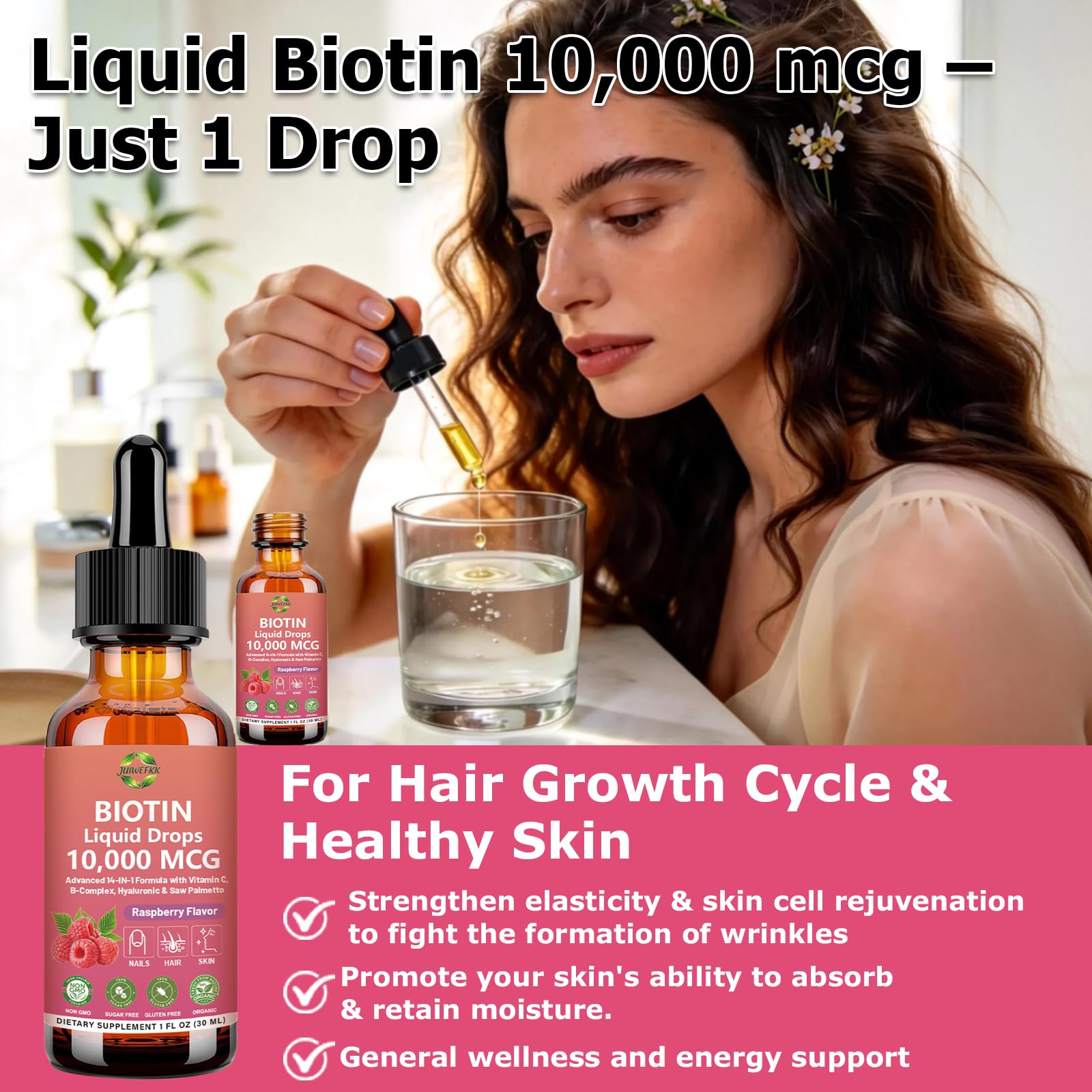 Pure Biotin 10000mcg Liquid Drop Optimal Solutions Hair Skin & Nails Vitamins Support w. Collagen Keratin Hyaluronic Acid Saw Palmetto, Biotin(Vitamin B7) for Hair Growth & Cellular Energy - TrustMedUSA