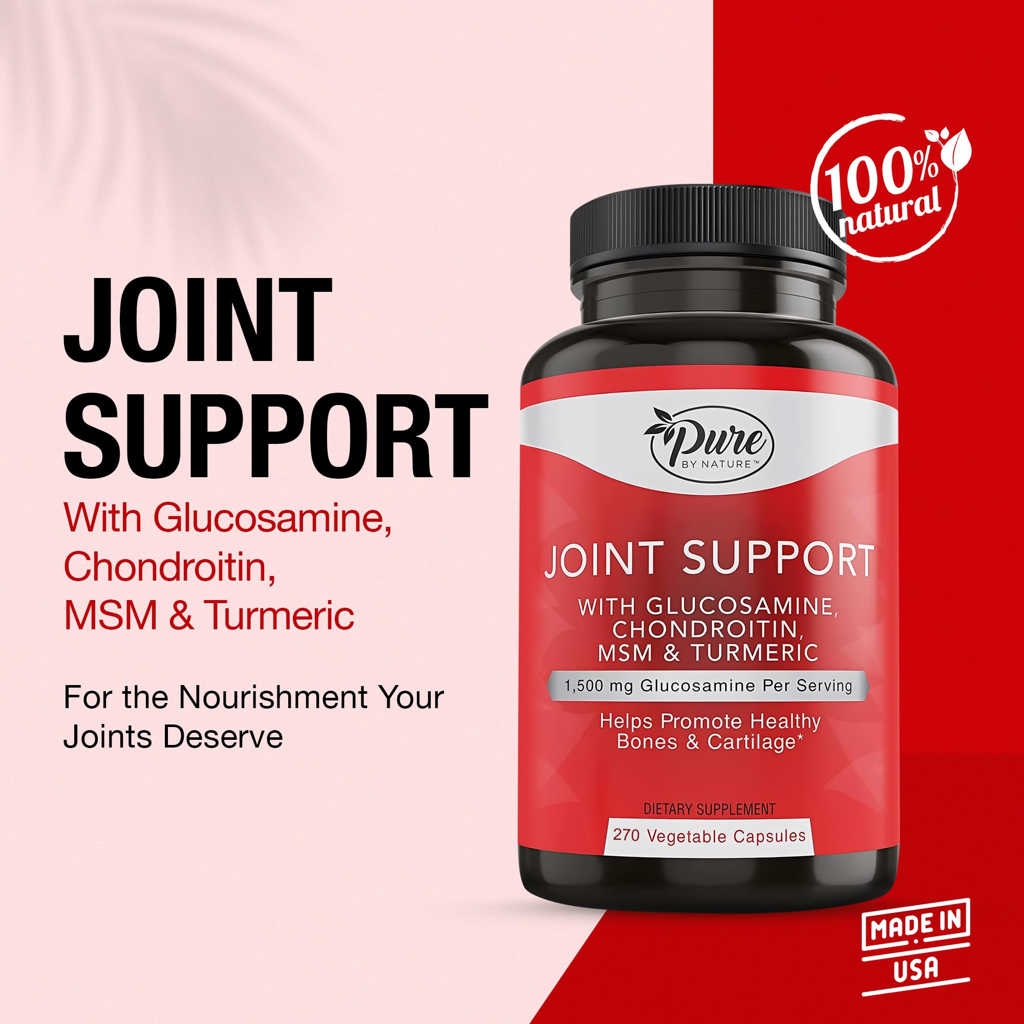 Pure By Nature Joint Support, Glucosamine with Chondroitin Turmeric MSM Boswellia Supplement, 270 Capsules - TrustMedUSA
