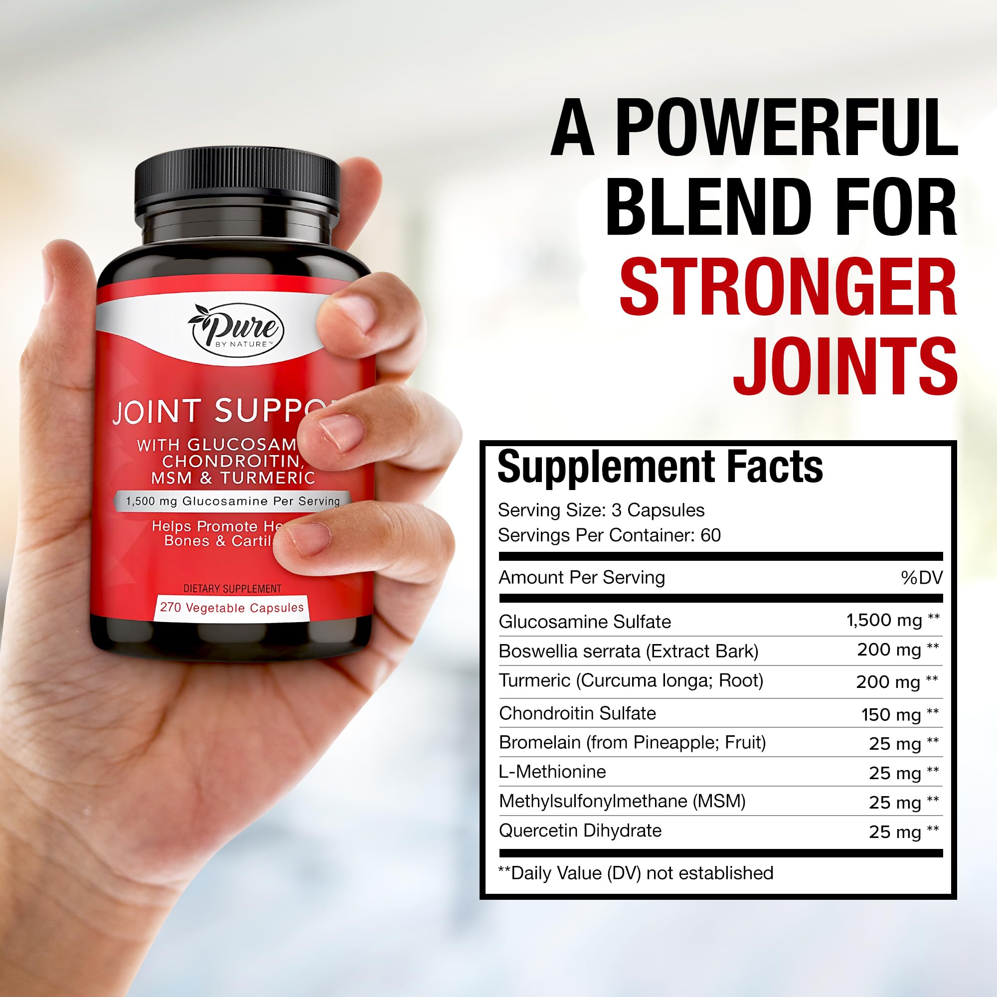Pure By Nature Joint Support, Glucosamine with Chondroitin Turmeric MSM Boswellia Supplement, 270 Capsules - TrustMedUSA
