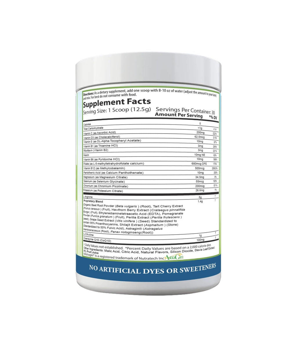 PURE® Cardio+ Nitric Oxide Heart & Circulation Support - 5000mg L-Arginine & 1000mg L-Citrulline - Lemon Lime, 30 Servings Powder, 375 Grams - CoQ10 Beet Root - High Potency Cardiovascular Formula - TrustMedUSA