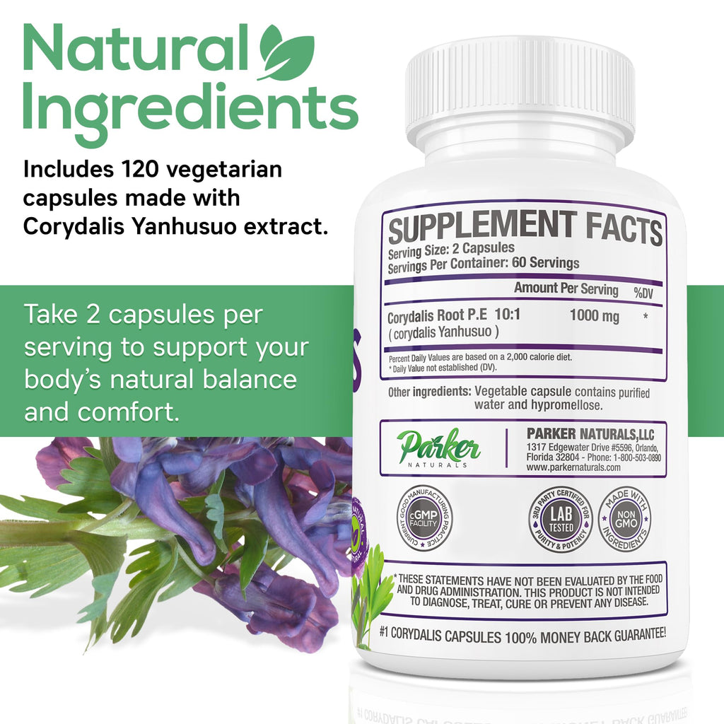Pure Corydalis Root Extract Capsule - 1000mg Strength, 10:1 Corydalis Yanhusuo Extract, Natural Relief, Long Lasting, 100% Vegetarian, 60 Servings, 120 Count - TrustMedUSA